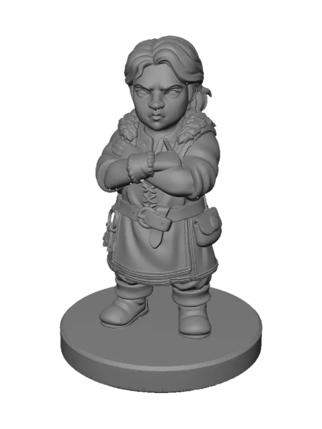 3D model for A 3D image of a chibi-style no-nonsense, slightly gruff female innkeeper wearing medieval clothing, arms folded over her chest, standing on a round wood floor-textured base. Thick and bold details,