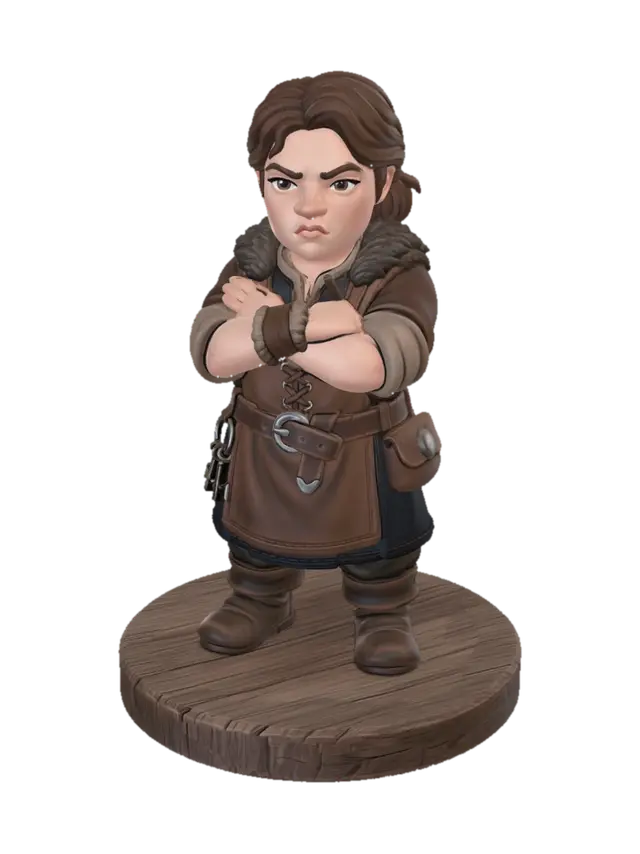 3D model for A 3D image of a chibi-style no-nonsense, slightly gruff female innkeeper wearing medieval clothing, arms folded over her chest, standing on a round wood floor-textured base. Thick and bold details,