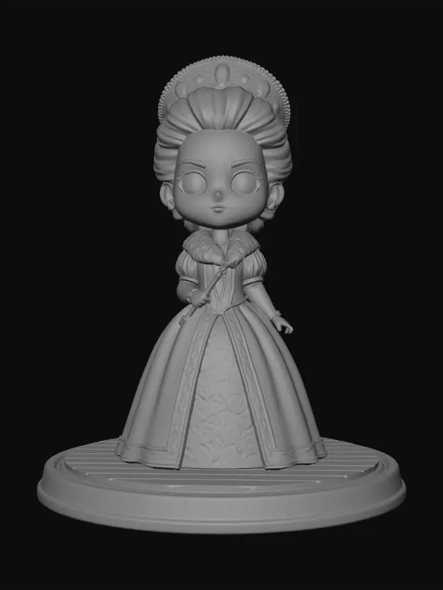3D model for A 3D image of a chibi-style countess wearing aristocratic medieval clothing, standing on a round wood floor-textured base. Thick and bold details,