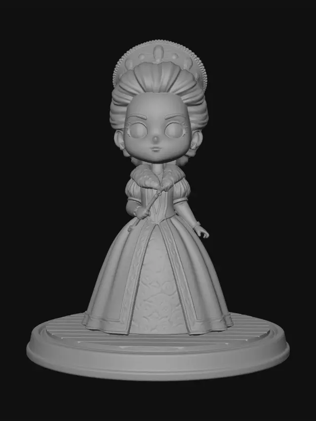 3D model for A 3D image of a chibi-style countess wearing aristocratic medieval clothing, standing on a round wood floor-textured base. Thick and bold details,