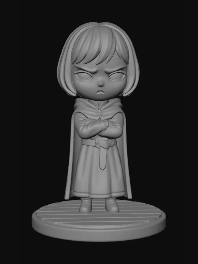 3D model for A 3D image of a chibi-style little girl with black hair, pale skin, and red lips wearing medieval clothing, looking moody, standing on a round wood floor-textured base.  Thick and bold details,