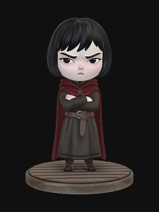 3D model for A 3D image of a chibi-style little girl with black hair, pale skin, and red lips wearing medieval clothing, looking moody, standing on a round wood floor-textured base.  Thick and bold details,