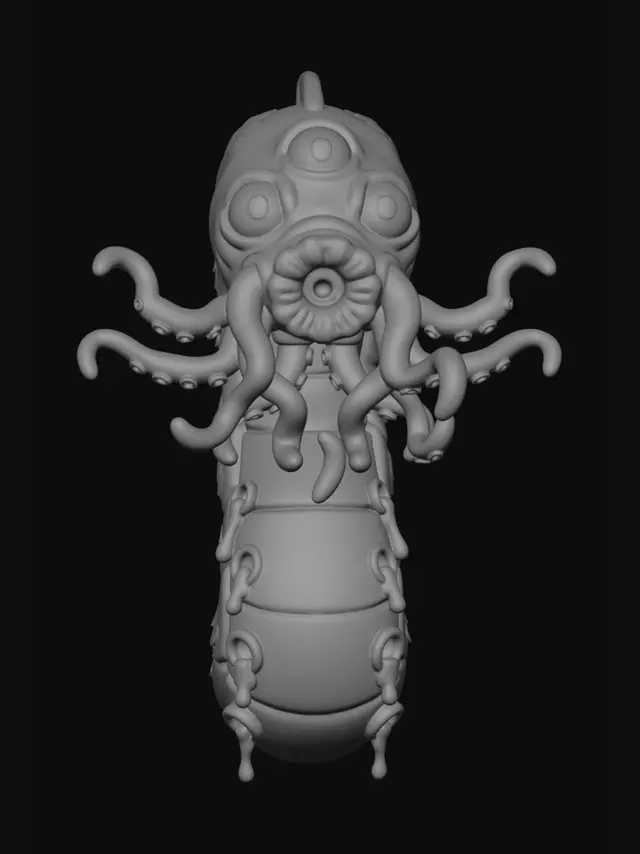3D model for A 3D image of a Pixar-style aboleth that resembles a massive, slimy, fish-like eel, often growing up to 20 feet in length and weighing over 6,000 pounds. They feature three vertically stacked eyes, a cluster of tentacles around their mouth, and four blue-black orifices along their underbelly that secrete foul mucus. Highly stylized.    Highly detailed with thick and bold details optimized for 3D printing.  No base.  The background should be a single color with no additional details.