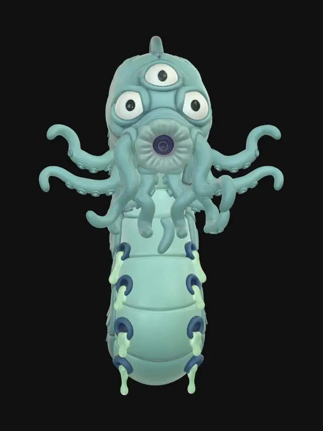 3D model for A 3D image of a Pixar-style aboleth that resembles a massive, slimy, fish-like eel, often growing up to 20 feet in length and weighing over 6,000 pounds. They feature three vertically stacked eyes, a cluster of tentacles around their mouth, and four blue-black orifices along their underbelly that secrete foul mucus. Highly stylized.    Highly detailed with thick and bold details optimized for 3D printing.  No base.  The background should be a single color with no additional details.