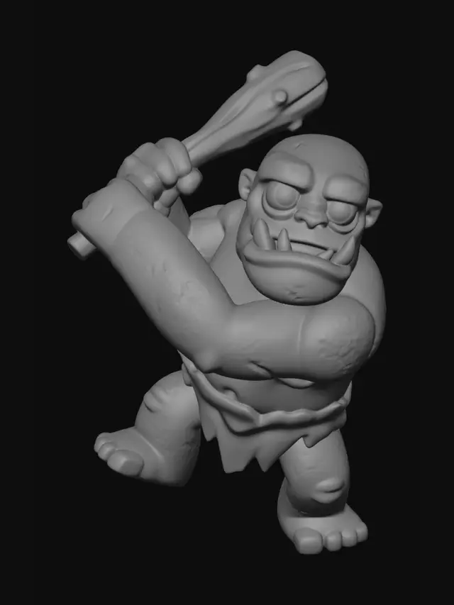 3D model for A 3D image of a Pixar-style full-length Dungeons & Dragons troll in an attack pose. Large eyes and slightly enlarged head.  Thick and bold details optimized for 3D printing. No angles over 40°.  No base.  The background should be a single color with no additional details.