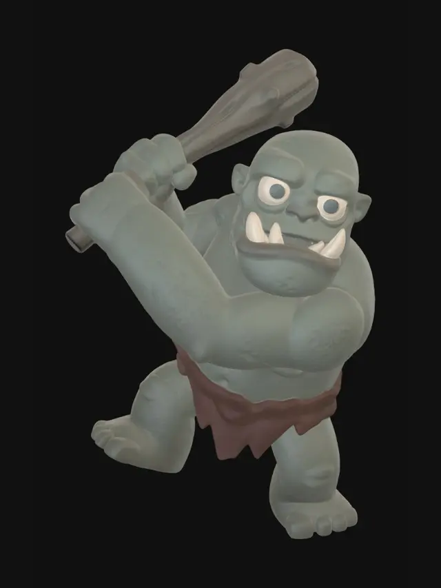 3D model for A 3D image of a Pixar-style full-length Dungeons & Dragons troll in an attack pose. Large eyes and slightly enlarged head.  Thick and bold details optimized for 3D printing. No angles over 40°.  No base.  The background should be a single color with no additional details.
