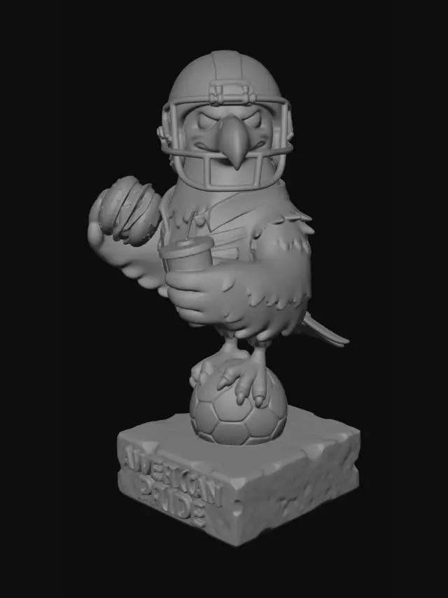 3D model for A 3D image of a Pixar-style American Bald Eagle wearing an American football helmet, standing on a soccer ball set on a square stone base with the words "American Pride" carved into it.  The eagle is wearing a denim jacket with the sleeves cut off and is holding an oversized cheeseburger in one hand and an oversized fast food soda cup in the other.  Thick and bold detail optimized for 3D printing.  Plain background.