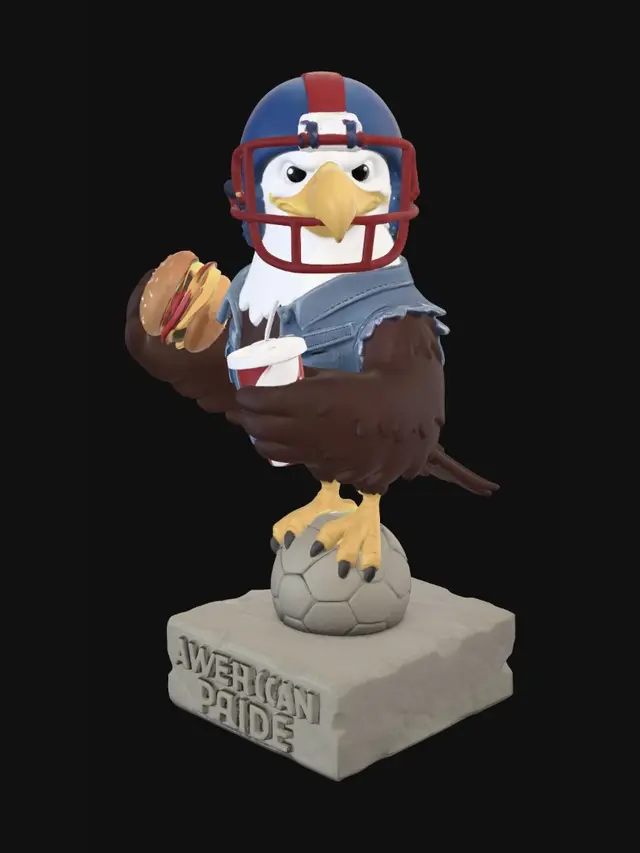 3D model for A 3D image of a Pixar-style American Bald Eagle wearing an American football helmet, standing on a soccer ball set on a square stone base with the words "American Pride" carved into it.  The eagle is wearing a denim jacket with the sleeves cut off and is holding an oversized cheeseburger in one hand and an oversized fast food soda cup in the other.  Thick and bold detail optimized for 3D printing.  Plain background.