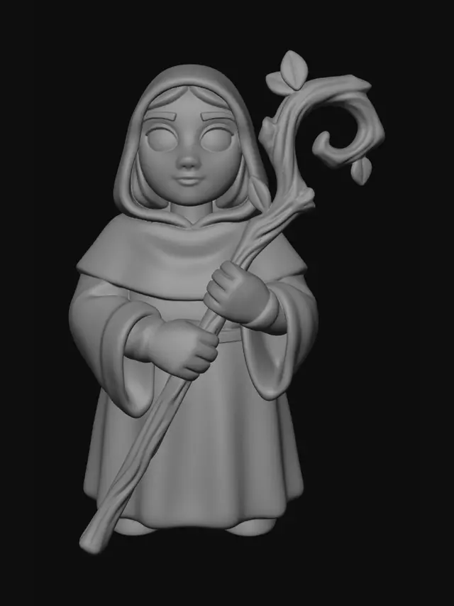 3D model for A 3D image of a Pixar-style full-length Dungeons & Dragons female druid wearing plain robes and holding a gnarled wooden staff. Large eyes and slightly enlarged head.  Thick and bold details optimized for 3D printing. No angles over 40°.  No base.  The background should be a single color with no additional details.