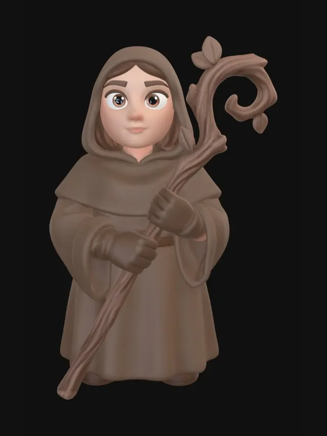3D model for A 3D image of a Pixar-style full-length Dungeons & Dragons female druid wearing plain robes and holding a gnarled wooden staff. Large eyes and slightly enlarged head.  Thick and bold details optimized for 3D printing. No angles over 40°.  No base.  The background should be a single color with no additional details.