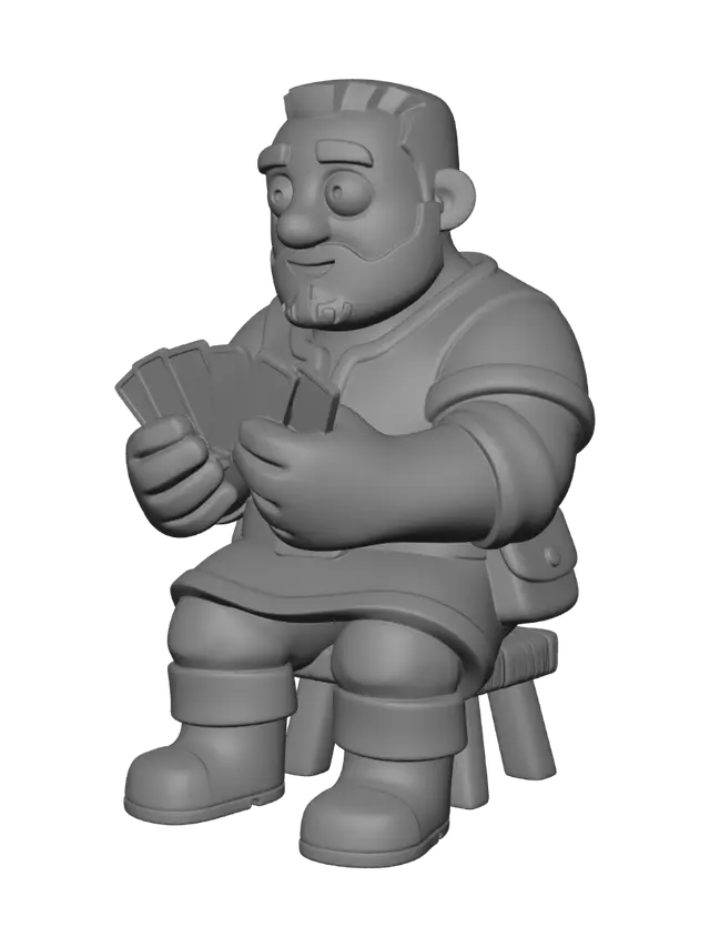 3D model for A 3D image of a Pixar-style full-length Dungeons & Dragons male villager playing cards. Large eyes and slightly enlarged head.  Thick and bold details optimized for 3D printing. No angles over 40°.  No base.  The background should be a single color with no additional details.