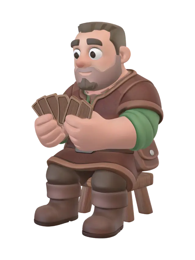 3D model for A 3D image of a Pixar-style full-length Dungeons & Dragons male villager playing cards. Large eyes and slightly enlarged head.  Thick and bold details optimized for 3D printing. No angles over 40°.  No base.  The background should be a single color with no additional details.