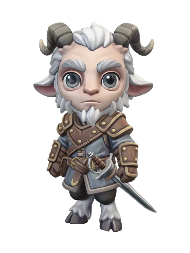 A 3D image of a chibi-style Dungeons & Dragons satyr male adventurer, with a white… - Goat 3D model, vytvořený pomocí AI