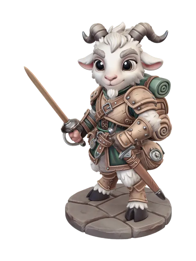 A 3D image of a chibi-style Dungeons & Dragons satyr male adventurer, with a white… - Goat 3D model, vytvořený pomocí AI