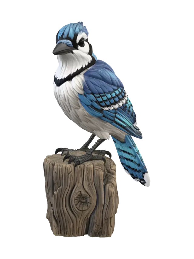 3D model for A 3D image of a highly detailed blue jay sitting on a post. Thick and bold details, Highly stylized.