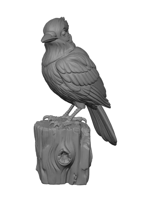 3D model for A 3D image of a highly detailed blue jay sitting on a post. Thick and bold details, Highly stylized.