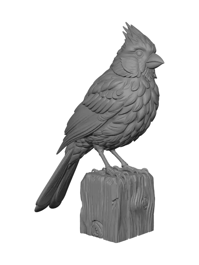 3D model for A 3D image of a highly detailed northern cardinal sitting on a post. Thick and bold details, Highly stylized.