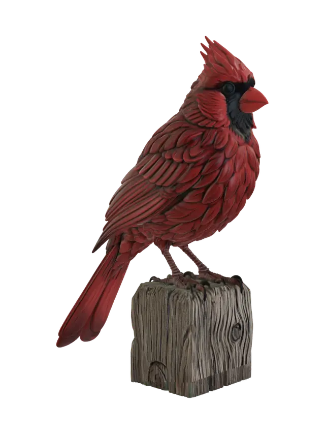 3D model for A 3D image of a highly detailed northern cardinal sitting on a post. Thick and bold details, Highly stylized.