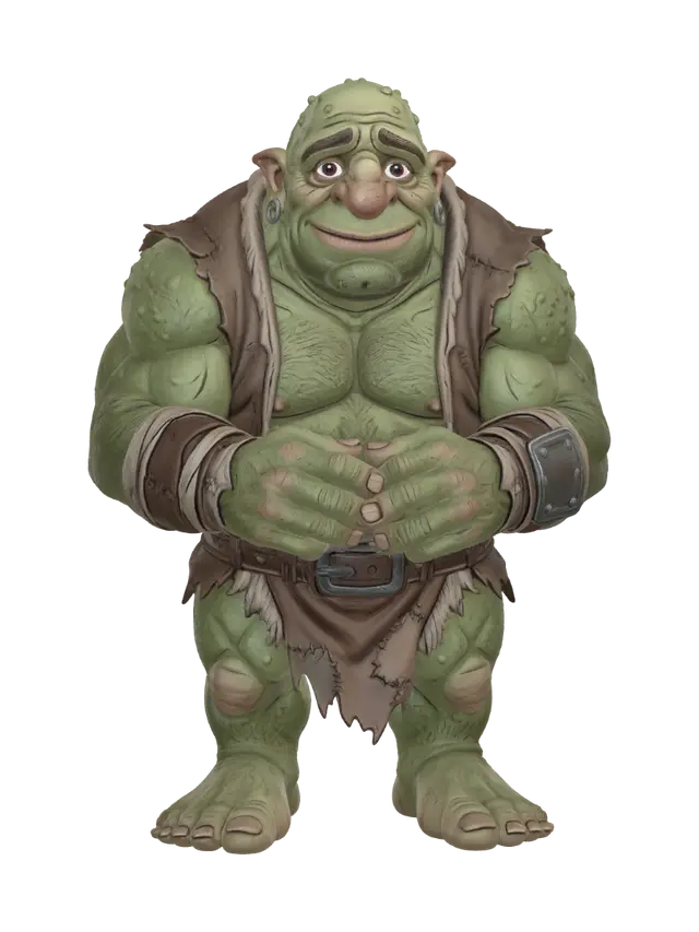 3D model for An image of a 3D male ogre, stocky and powerfully built, with a large frog-like mouth, bare feet, large gentle eyes, and a large bulbous nose.  He is wearing minimal clothing.  He looks shy and friendly.  Highly detailed.  Highly stylized.  Thick and bold details.