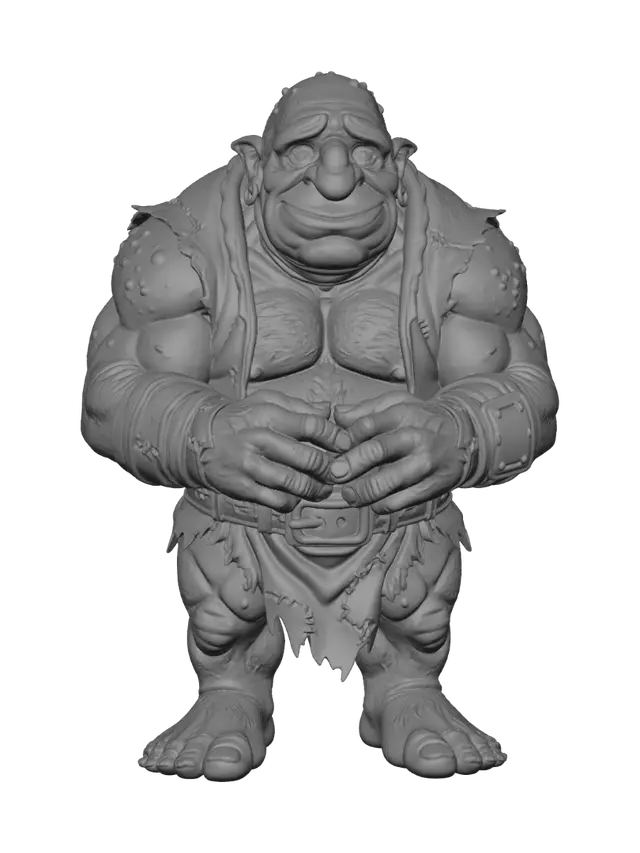 3D model for An image of a 3D male ogre, stocky and powerfully built, with a large frog-like mouth, bare feet, large gentle eyes, and a large bulbous nose.  He is wearing minimal clothing.  He looks shy and friendly.  Highly detailed.  Highly stylized.  Thick and bold details.