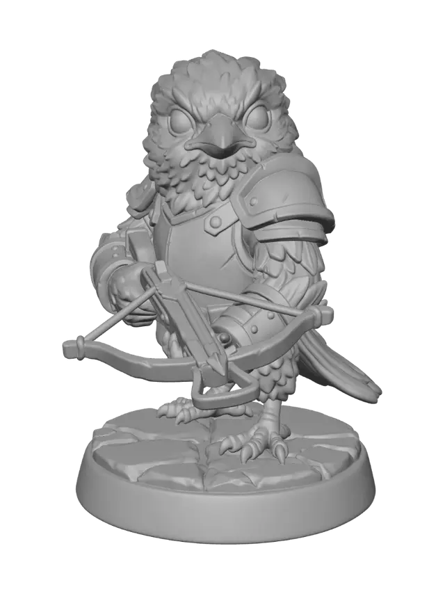 3D model for A 3D image of a realistic sparrow warrior wearing light armor and firing a crossbow. Oversized eyes, intelligent expression. Highly detailed. Highly stylized. Thick and bold details. Standing on a round detailed base.