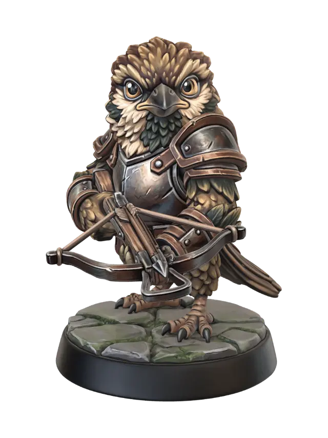 3D model for A 3D image of a realistic sparrow warrior wearing light armor and firing a crossbow. Oversized eyes, intelligent expression. Highly detailed. Highly stylized. Thick and bold details. Standing on a round detailed base.