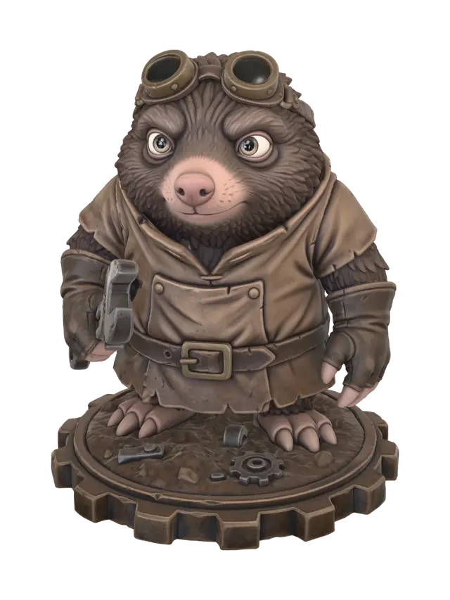 A 3D image of a realistic mole artificer wearing goggles and a tunic and holding a… 3D model, vytvořený pomocí AI