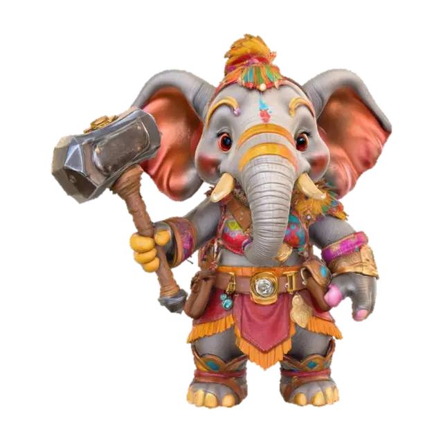 A 3D image of a toy-like Dungeons & Dragons female elephant adventurer holding a… 3D model, vytvořený pomocí AI
