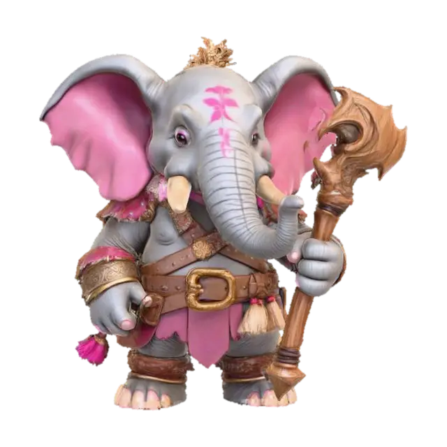 A 3D image of a toy-like Dungeons & Dragons male elephant adventurer holding a… 3D model, vytvořený pomocí AI