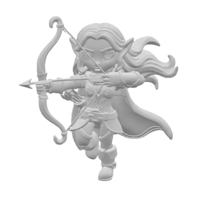 3D model for A 3D image of a cute toy-like Dungeons & Dragons female elf ranger.  Wearing rich medieval clothing.  Action pose.  Thick and bold details.  Highly stylized.  White or transparent background.