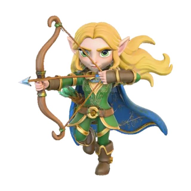 3D model for A 3D image of a cute toy-like Dungeons & Dragons female elf ranger.  Wearing rich medieval clothing.  Action pose.  Thick and bold details.  Highly stylized.  White or transparent background.