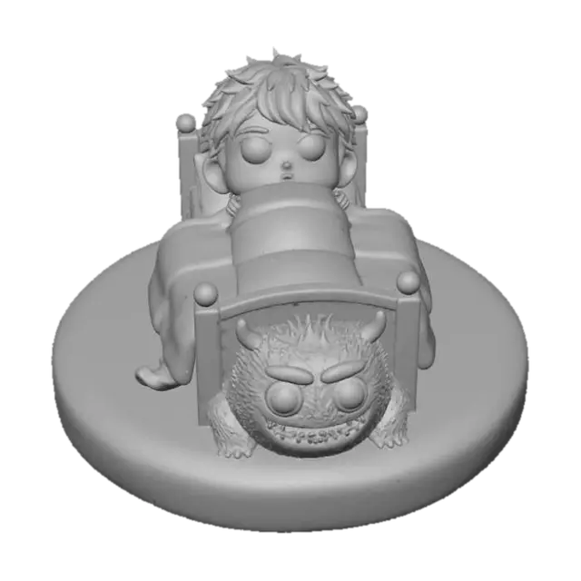 3D model for A 3D image of a chibi-style child hidding in bed from a chibi-style monster under the bed. The scene is on a round base. White background. , #Halloween2025#