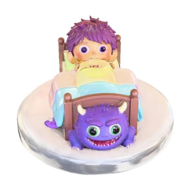 3D model for A 3D image of a chibi-style child hidding in bed from a chibi-style monster under the bed. The scene is on a round base. White background. , #Halloween2025#