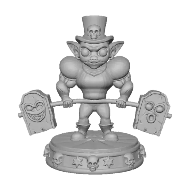 3D model for a 3D image of a spooky kawaii circus goblin strongman. Lifting barbells shaped like headstones. The scene is set on a round circus-themed base. Bold and thick details. Highly detailed. Highly stylized. Matte finish. Dusky lighting. #Halloween2025#