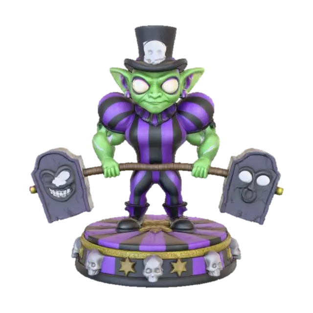 3D model for a 3D image of a spooky kawaii circus goblin strongman. Lifting barbells shaped like headstones. The scene is set on a round circus-themed base. Bold and thick details. Highly detailed. Highly stylized. Matte finish. Dusky lighting. #Halloween2025#