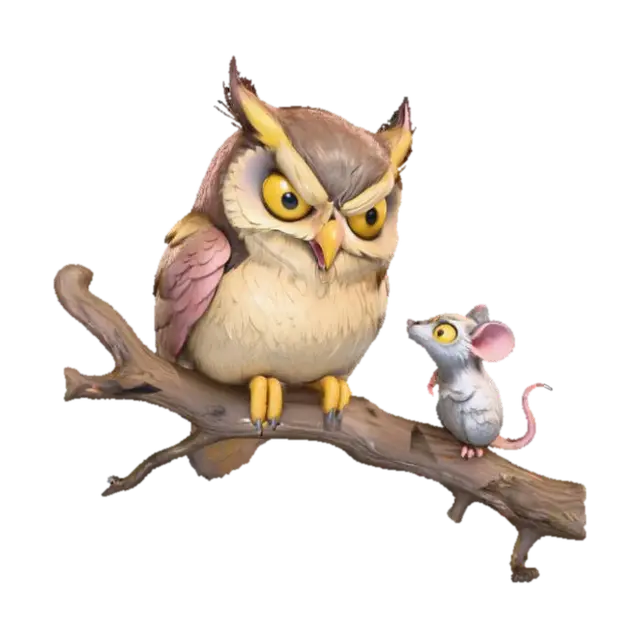 A 3D image of a chibi-style sly owl smiling viciously at a scared looking mouse.… - Matte 3D model, vytvořený pomocí AI