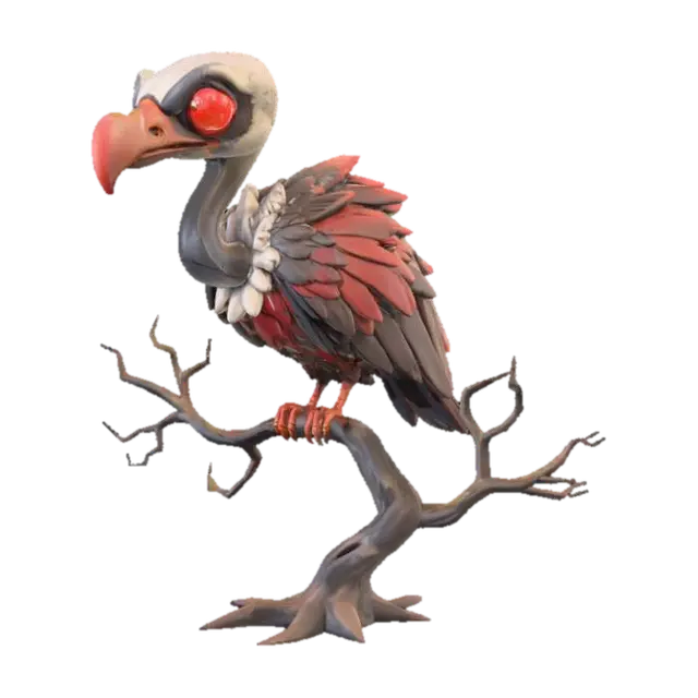 A 3D image of a chibi-style menacing vulture with a long neck perched on the branch… - Matte 3D model, vytvořený pomocí AI