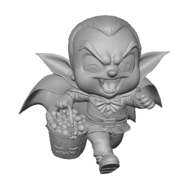 3D model for 3D chibi vampire running with a bucket of Halloween candy shaped like a bat. Mouth open in excitement, fangs glinting. Cape flaring dramatically behind. The base is a cobblestone street sprinkled with candy corn and lollipops.
Colors: red, black, orange, white. #Halloween2025#