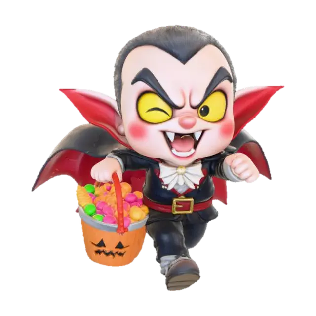3D model for 3D chibi vampire running with a bucket of Halloween candy shaped like a bat. Mouth open in excitement, fangs glinting. Cape flaring dramatically behind. The base is a cobblestone street sprinkled with candy corn and lollipops.
Colors: red, black, orange, white. #Halloween2025#