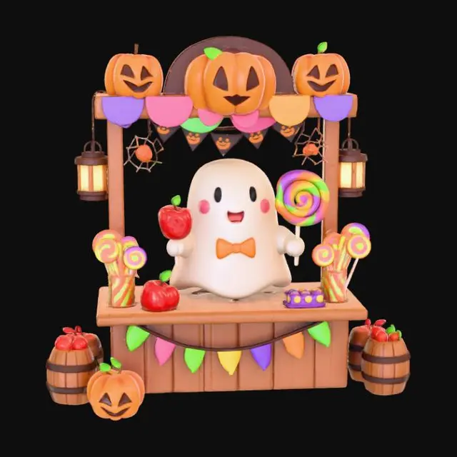3D model for hibi Halloween carnival candy booth with a smiling ghost vendor offering candy apples and lollipops. Rounded 3D toy-like proportions, thick details, warm lighting, limited palette, transparent background. , #Halloween2025#