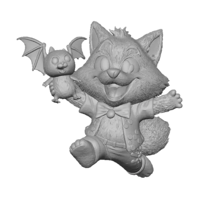 3D model for Chibi werewolf jumping excitedly with a plush bat toy prize from a carnival game. Rounded 3D proportions, thick toy-like details, soft lighting, playful pose, transparent background. , #Halloween2025#