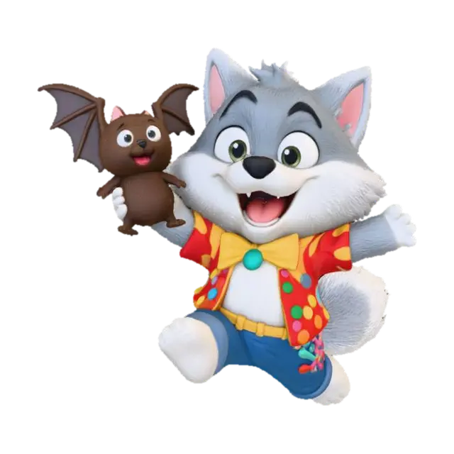 3D model for Chibi werewolf jumping excitedly with a plush bat toy prize from a carnival game. Rounded 3D proportions, thick toy-like details, soft lighting, playful pose, transparent background. , #Halloween2025#