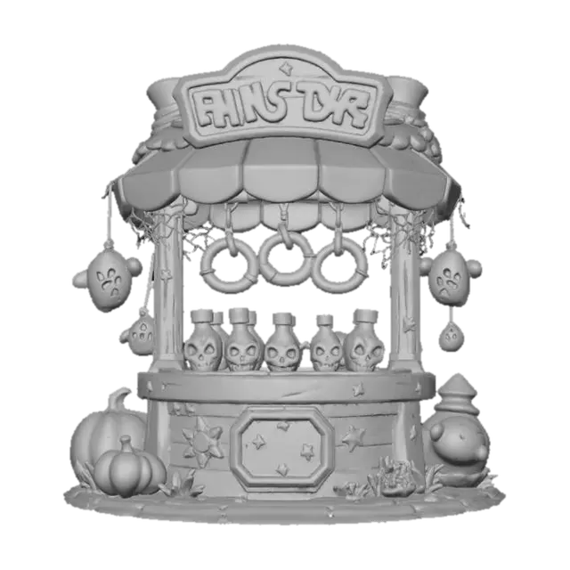 3D model for Chibi-style Halloween carnival game stall, ring toss with skull bottles and ghost prizes. Rounded toy-like 3D aesthetic, bright but limited color palette, stylized details, transparent background. , #Halloween2025#