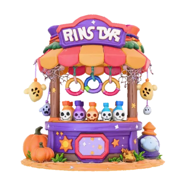3D model for Chibi-style Halloween carnival game stall, ring toss with skull bottles and ghost prizes. Rounded toy-like 3D aesthetic, bright but limited color palette, stylized details, transparent background. , #Halloween2025#