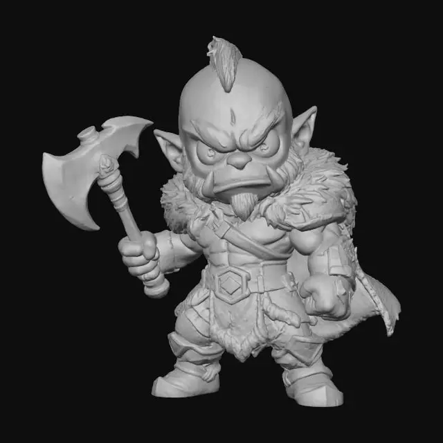 3D model for A 3D image of a chibi style Dungeons & Dragons male half-orc barbarian, holding a battle axe, attack pose, wearing leather armor and a fur cloak, cute features including large eyes, small mouth and nose, highly stylized, highly detailed, bold and thick details optimized for 3D printing. Green background.