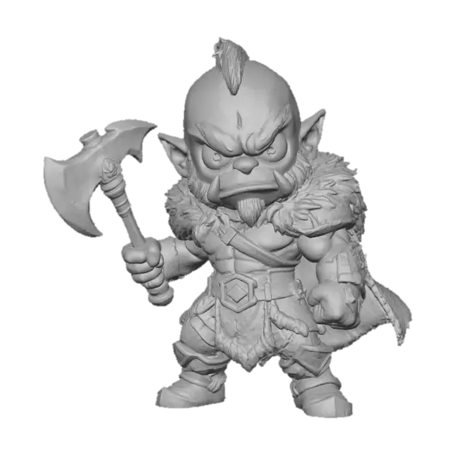 3D model for A 3D image of a chibi style Dungeons & Dragons male half-orc barbarian, holding a battle axe, attack pose, wearing leather armor and a fur cloak, cute features including large eyes, small mouth and nose, highly stylized, highly detailed, bold and thick details optimized for 3D printing. Green background.