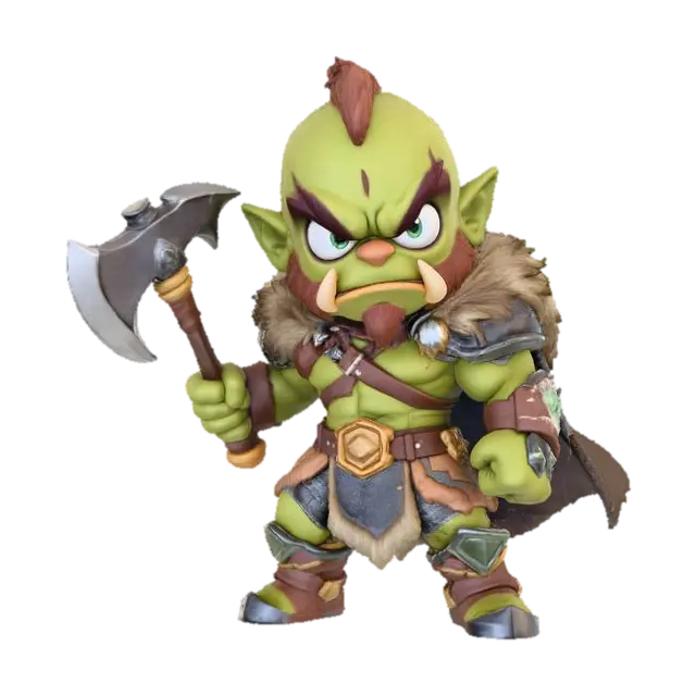 3D model for A 3D image of a chibi style Dungeons & Dragons male half-orc barbarian, holding a battle axe, attack pose, wearing leather armor and a fur cloak, cute features including large eyes, small mouth and nose, highly stylized, highly detailed, bold and thick details optimized for 3D printing. Green background.