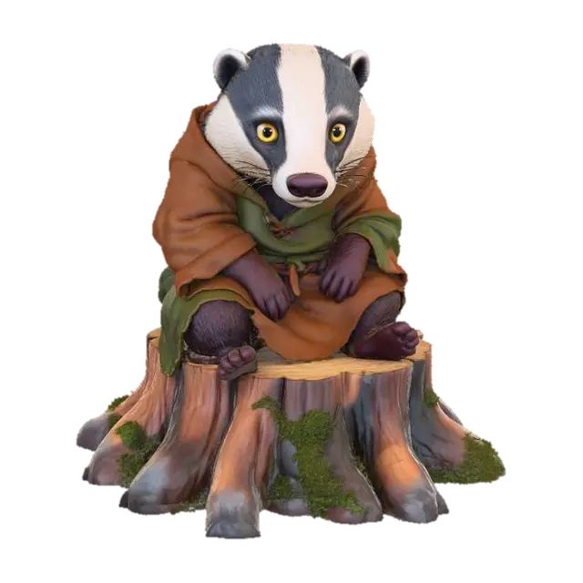 A 3D image of an elderly badger with stooped posture, wearing medieval peasant… 3D model, vytvořený pomocí AI