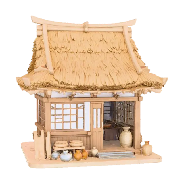 A 3D image a a traditional rural Japanese village shop, highly stylized, simple, bold… 3D model, vytvořený pomocí AI