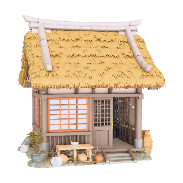 A 3D image a a traditional rural Japanese village shop, highly stylized, simple, bold… 3D model, vytvořený pomocí AI